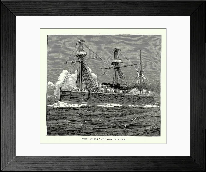 Framed Print : Target practice, HMS Nelson armoured cruiser built for the Royal Navy, Naval drill, Jervis Bay, New South Wales, 1880s Framed Print : Target practice, HMS Nelson armoured cruiser built for the Royal Navy, Naval drill, Jervis Bay, New South Wales, 1880s