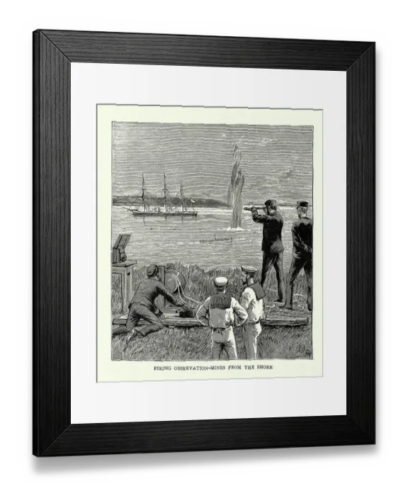 Framed Print : Firing observation mines from the shores, HMS Nelson, Naval drill, Jervis Bay, New South Wales, 1880s Framed Print : Firing observation mines from the shores, HMS Nelson, Naval drill, Jervis Bay, New South Wales, 1880s