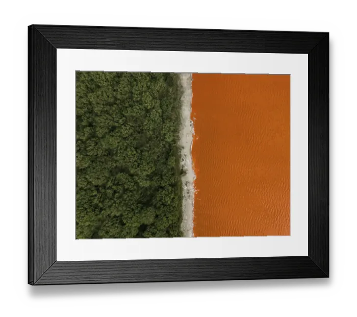 Framed Print : Composed drone image showing the edge of a forest and an orange coloured salt lake, South Australia, Australia