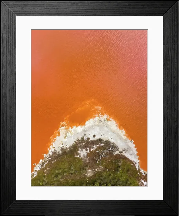 Framed Print : Composed drone shot at the edge of an orange coloured salt lake, South Australia, Australia