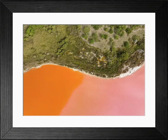 Framed Print : Edge of a pink and orange coloured salt lake shot from a birds-eye perspective, South Australia, Australia Framed Print : Edge of a pink and orange coloured salt lake shot from a birds-eye perspective, South Australia, Australia