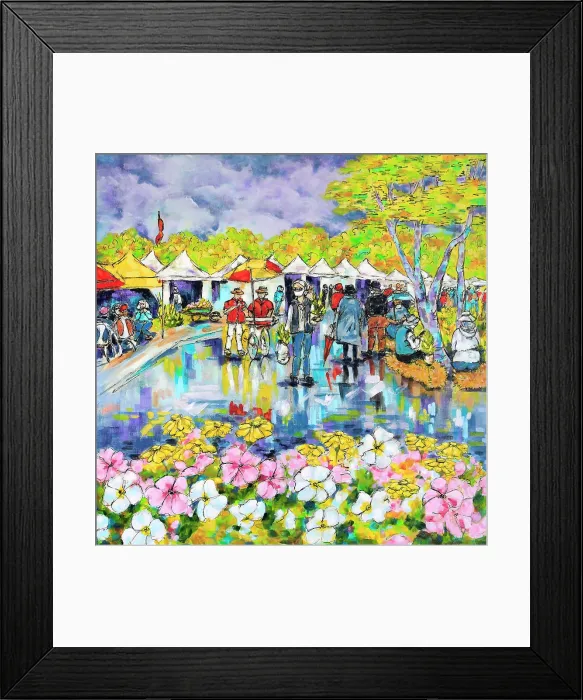 Framed Print : Garden Lovers Market on a Rainy Day, Original Painting