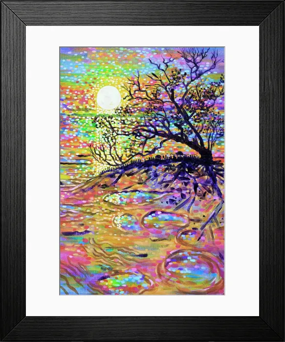 Framed Print : Old Mangrove Tree Silhouetted Against Sunrise Seascape Original Painting Framed Print : Old Mangrove Tree Silhouetted Against Sunrise Seascape Original Painting