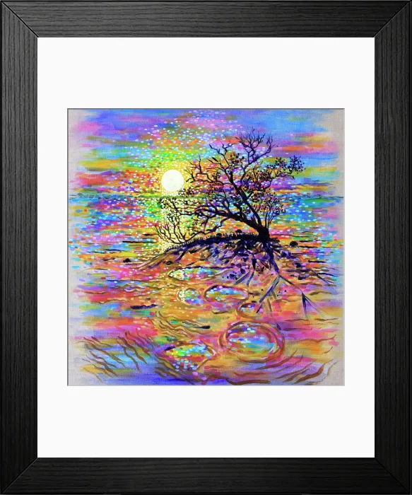 Framed Print : Old Mangrove Tree Silhouetted Against Sunrise Seascape Original Painting Framed Print : Old Mangrove Tree Silhouetted Against Sunrise Seascape Original Painting