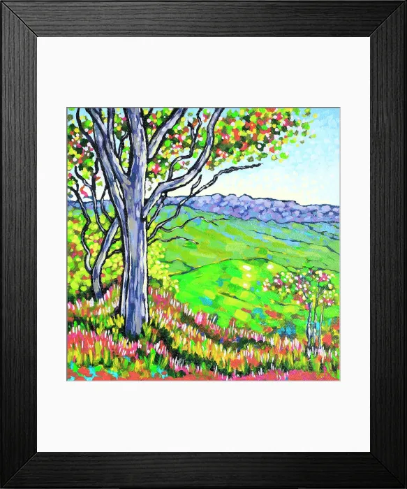 Framed Print : Tree on Country Hillside with Green Valley Acrylic Painting Framed Print : Tree on Country Hillside with Green Valley Acrylic Painting