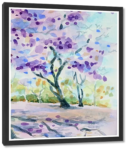 Branches and Flowers Jacaranda Tree Watercolor Painting Detail