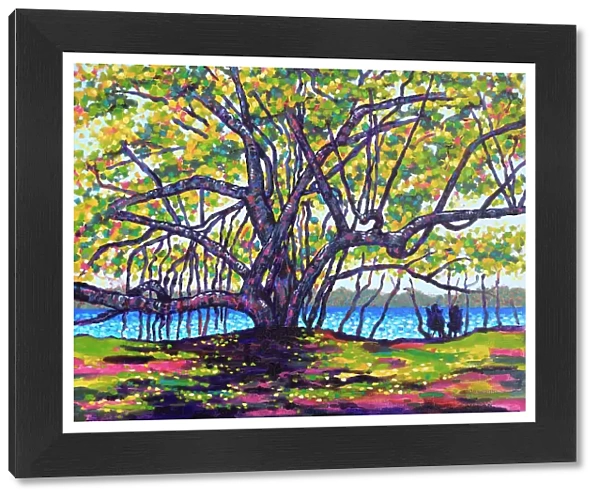 People Looking at Seaside View from Under a Large Tree with Dappled Sunlight Acrylic Painting