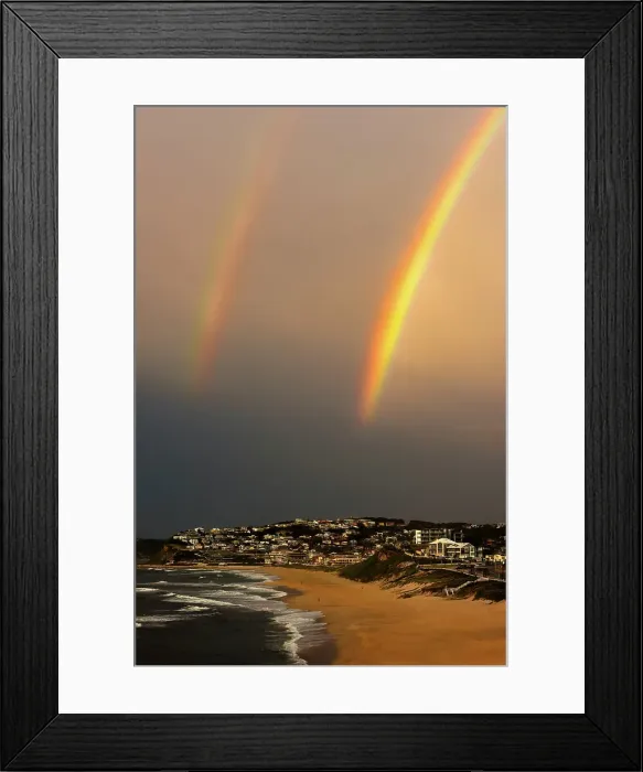 Framed Print : double rainbow over beach after a storm passed through Framed Print : double rainbow over beach after a storm passed through