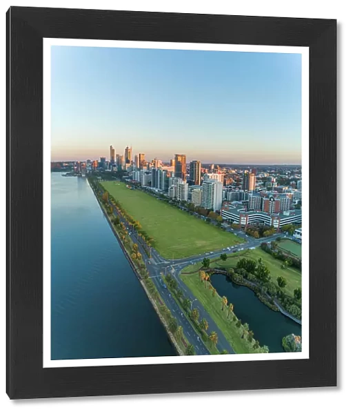 Aerial views over Perth Cityscape And The Swan River