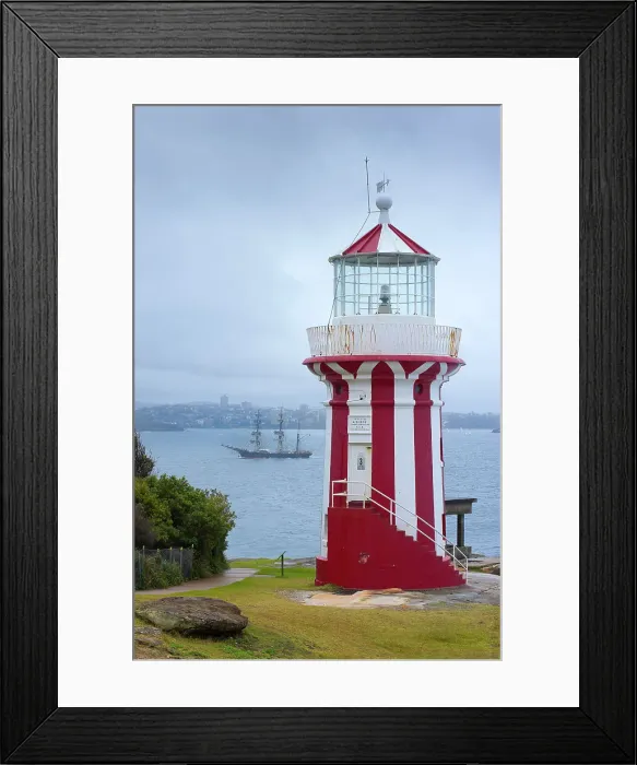Framed Print : Lighthouse in the harbour with the three-master Bounty, Sydney Framed Print : Lighthouse in the harbour with the three-master Bounty, Sydney