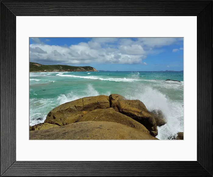 Framed Print : Granite Coast with Sea Spray