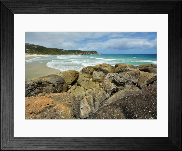 Framed Print : Granite Boulders and Sea Bay Framed Print : Granite Boulders and Sea Bay