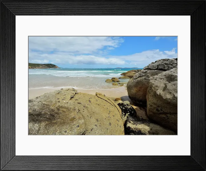 Framed Print : Granite Boulders and Sea Bay Framed Print : Granite Boulders and Sea Bay