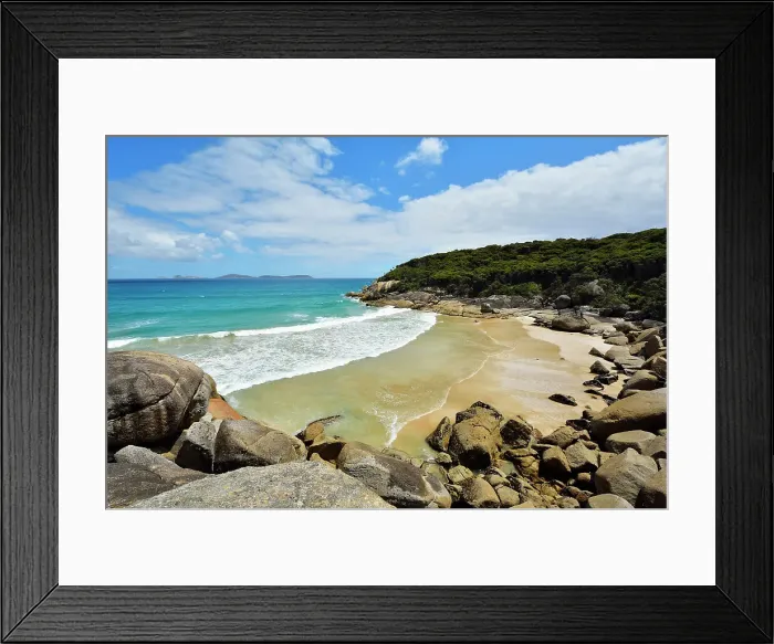 Framed Print : Granite Boulders and Sea Bay Framed Print : Granite Boulders and Sea Bay