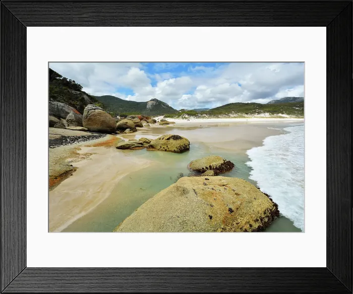 Framed Print : Granite Boulders and Sea Bay Framed Print : Granite Boulders and Sea Bay