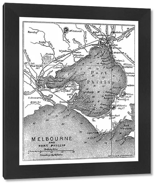 Old engraved map of Melbourne and Port Phillip, Australia
