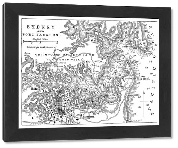 Old engraved map of Sydney (capital city of the state of New South Wales, Australia) and Port Jackson