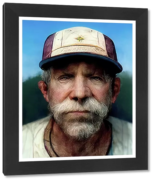 Digital artwork portrait of an older American white man with facial hair and hat