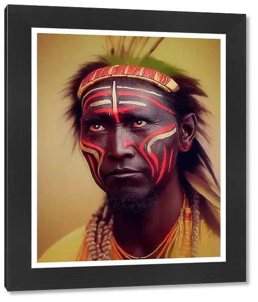 Digital artwork portrait of a handsome Kenyan Maasai tribe man with traditional custome and face paint