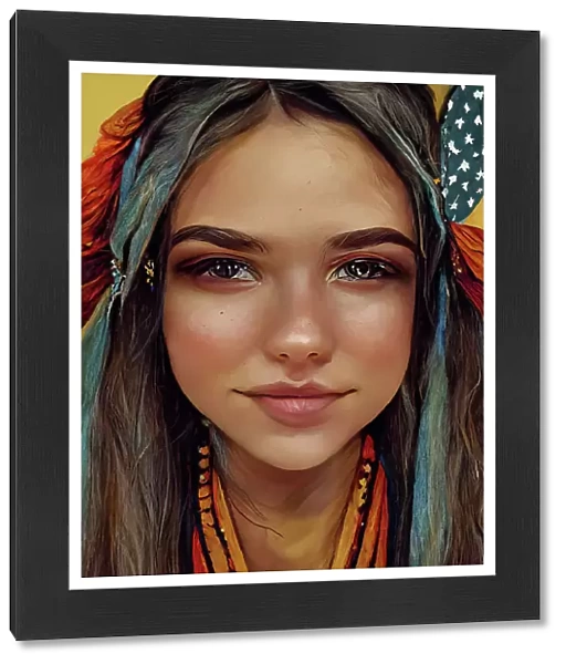 Digital artwork portrait of a beautiful young American woman staring straight at viewer with hair ornaments and accessories and a slight smile