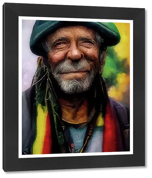 Digital artwork of old Jamaican man with reggae influence and a warm smile