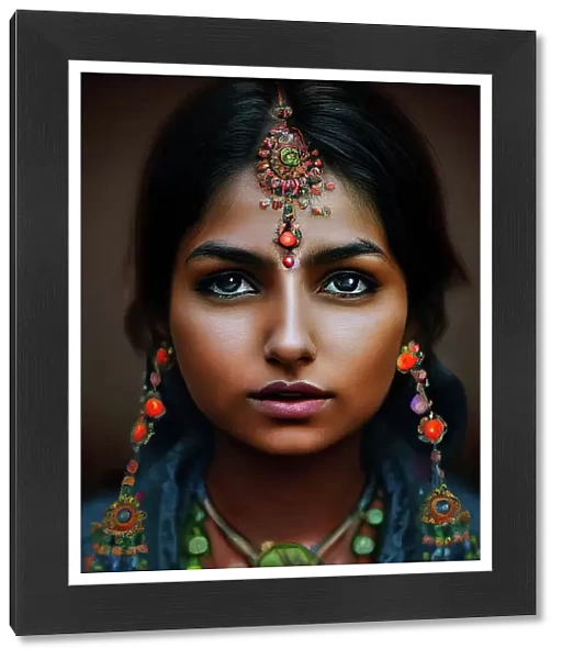 Digital artwork portrait of a beautiful young Indian woman with ornate headress staring straight ahead