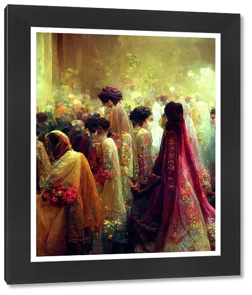 Artwork depicting Pakistani wedding celebration with crowds and beautiful dresses, fashion and colours