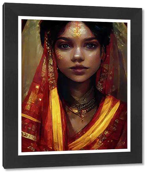 Artwork portrait of beautiful female indian bride in traditional dress