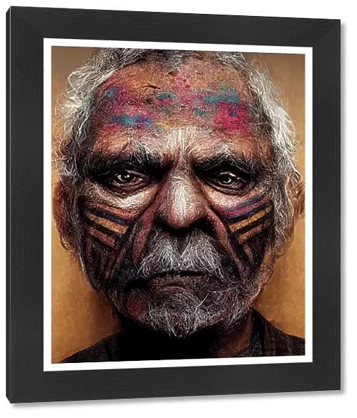 Front-on painting of the face and head of an older aboriginal man with face paint and facial hair