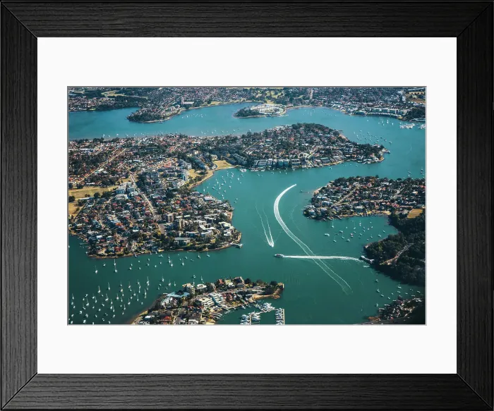 Framed Print : aerial view of cityscape in Sydney, buildings and river, lake, bay