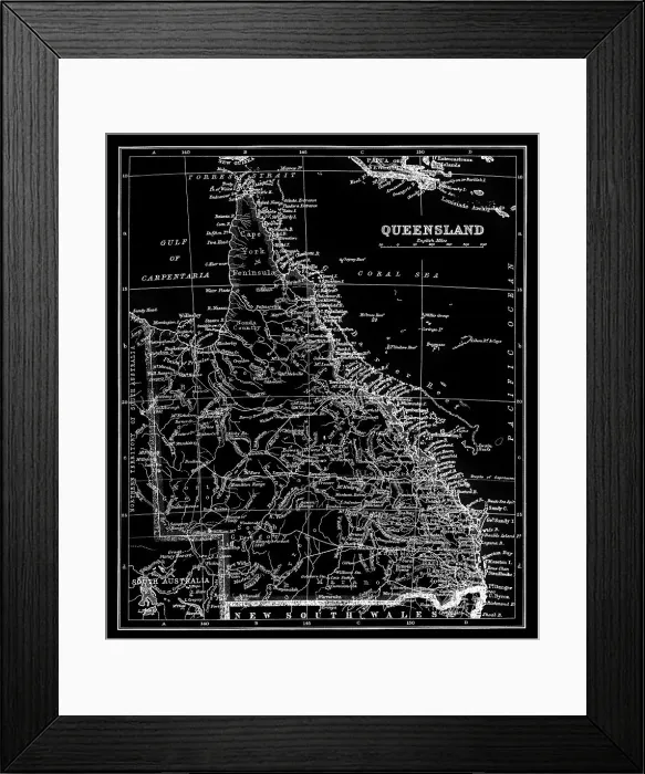 Framed Print : Old chromolithograph map of Queensland, a state situated in northeastern Australia, and is the second-largest and third-most populous of the Australian states