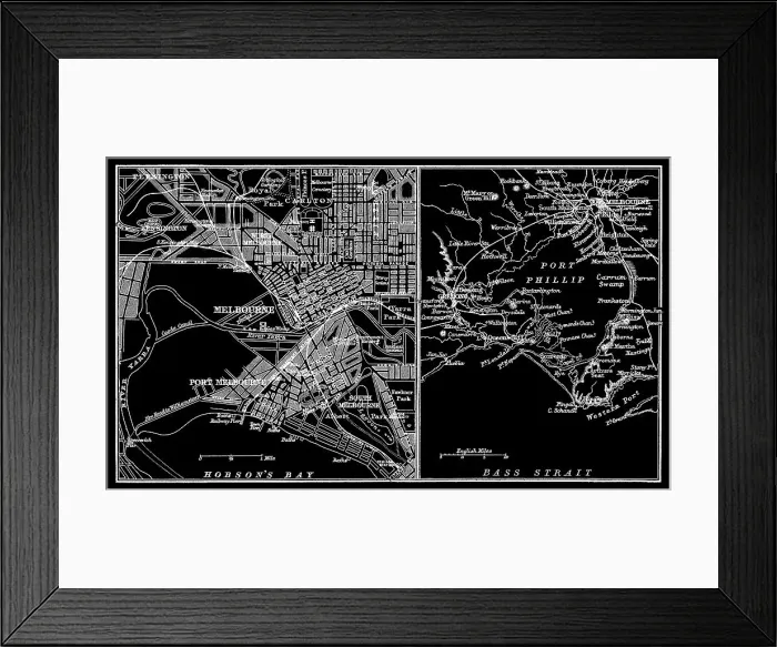 Framed Print : Old chromolithograph map of Melbourne and Port Phillip - Australia