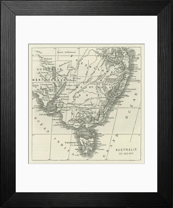 Framed Print : Old engraved map of AUSTRALIA continent (south-east side)