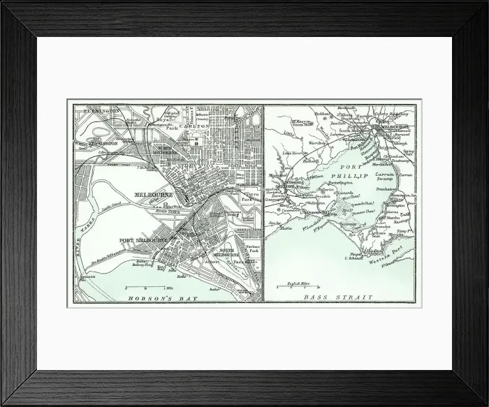 Framed Print : Old chromolithograph map of Melbourne and Port Phillip - Australia Framed Print : Old chromolithograph map of Melbourne and Port Phillip - Australia