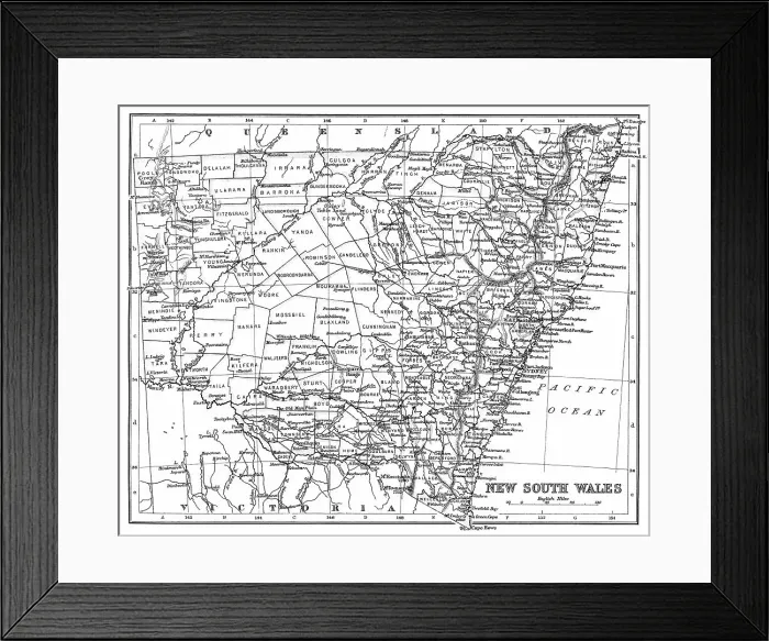 Framed Print : Old chromolithograph map of New South Wales - a state on the east coast of Australia