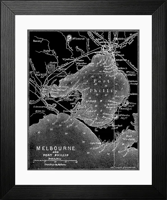 Framed Print : Old engraved map of Melbourne and Port Phillip, Australia Framed Print : Old engraved map of Melbourne and Port Phillip, Australia