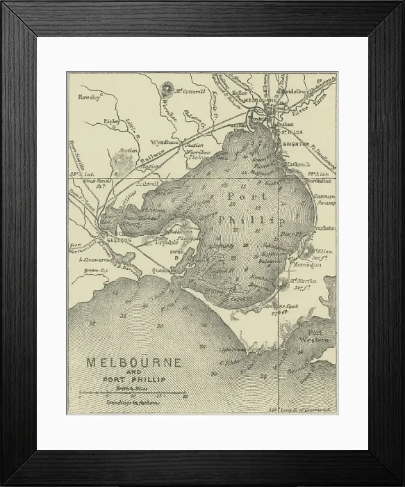 Framed Print : Old engraved map of Melbourne and Port Phillip, Australia Framed Print : Old engraved map of Melbourne and Port Phillip, Australia