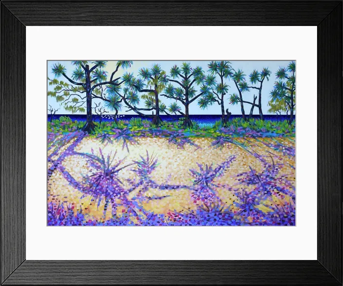 Framed Print : A Row of Australian Pandanus Trees Casting Shadows on a Pathway. Original Acrylic Painting
