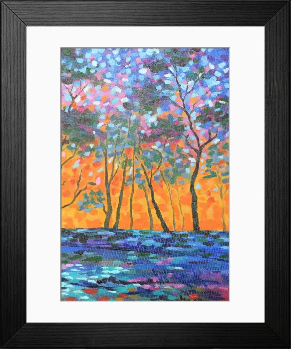 Framed Print : Landscape of Sun Setting through Silhouetted Trees Original Acrylic Painting Framed Print : Landscape of Sun Setting through Silhouetted Trees Original Acrylic Painting