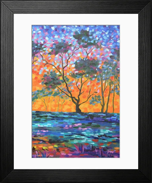 Framed Print : Landscape of Sun Setting through Silhouetted Trees Original Acrylic Painting