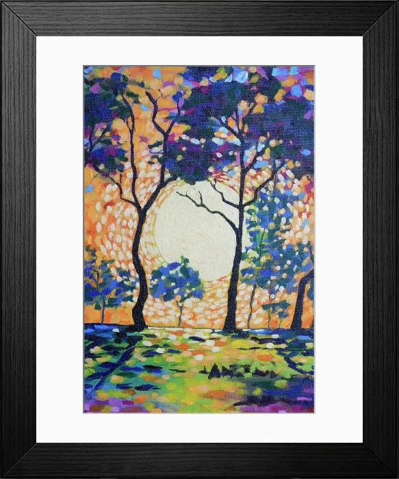 Framed Print : Landscape of Sun Setting through Silhouetted Trees Original Acrylic Painting Framed Print : Landscape of Sun Setting through Silhouetted Trees Original Acrylic Painting