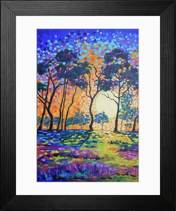 Framed Print : Landscape of Sun Setting through Silhouetted Trees Original Acrylic Painting Framed Print : Landscape of Sun Setting through Silhouetted Trees Original Acrylic Painting