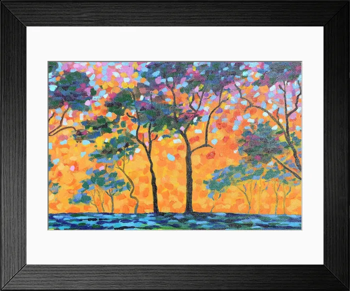 Framed Print : Landscape of Sun Setting through Silhouetted Trees Original Acrylic Painting Framed Print : Landscape of Sun Setting through Silhouetted Trees Original Acrylic Painting