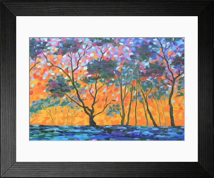 Framed Print : Landscape of Sun Setting through Silhouetted Trees Original Acrylic Painting Framed Print : Landscape of Sun Setting through Silhouetted Trees Original Acrylic Painting