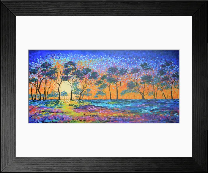 Framed Print : Landscape of Sun Setting through Silhouetted Trees Original Acrylic Painting