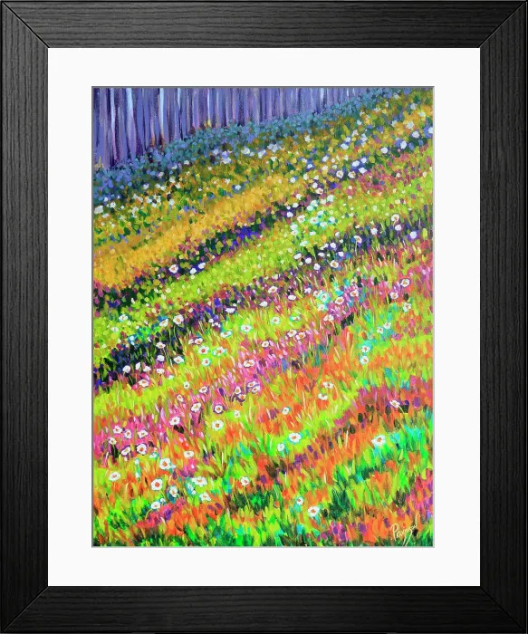 Framed Print : Daisies Growing on a Country Hillside Original Acrylic Painting Framed Print : Daisies Growing on a Country Hillside Original Acrylic Painting
