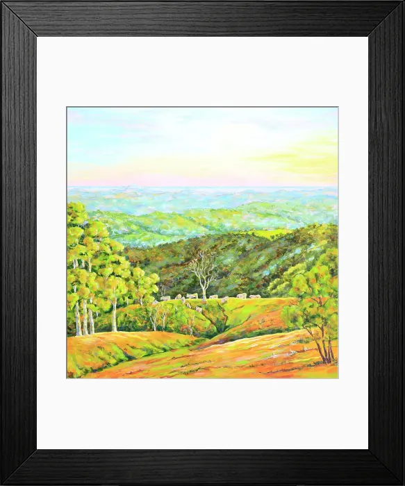 Framed Print : View of Cattle Grazing at Sunrise, Original Painting Framed Print : View of Cattle Grazing at Sunrise, Original Painting