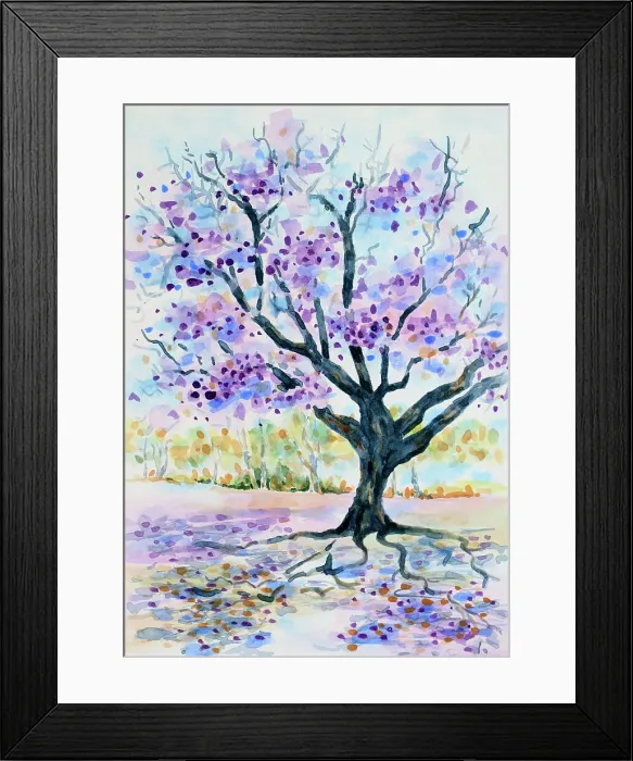 Framed Print : Flowering Jacaranda Tree Landscape Watercolor Painting Framed Print : Flowering Jacaranda Tree Landscape Watercolor Painting