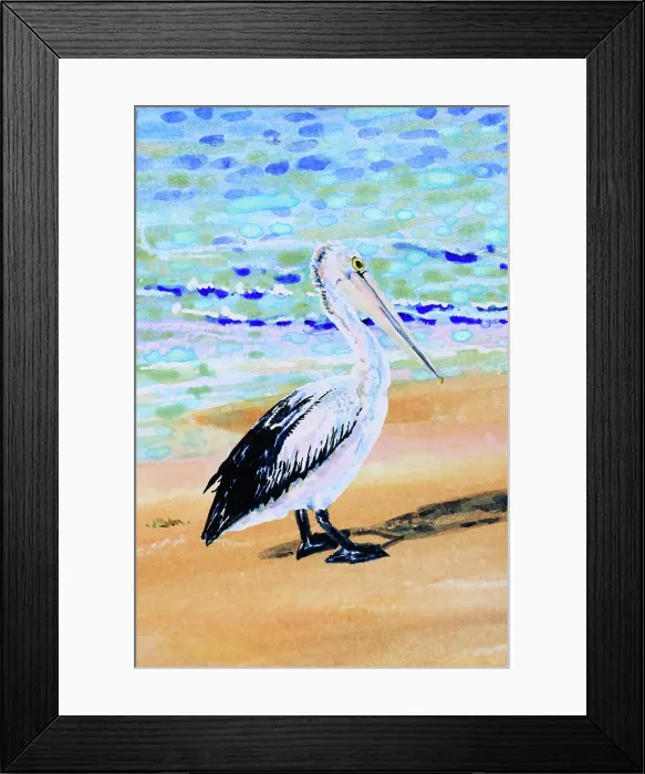 Framed Print : Detail of a Watercolor Painting of an Australian Pelican on a Beach no sky Framed Print : Detail of a Watercolor Painting of an Australian Pelican on a Beach no sky