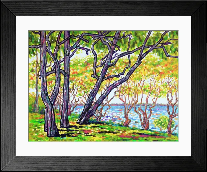 Framed Print : Seaside View through Large and Small Trees with Dappled Sunlight Acrylic Painting Framed Print : Seaside View through Large and Small Trees with Dappled Sunlight Acrylic Painting
